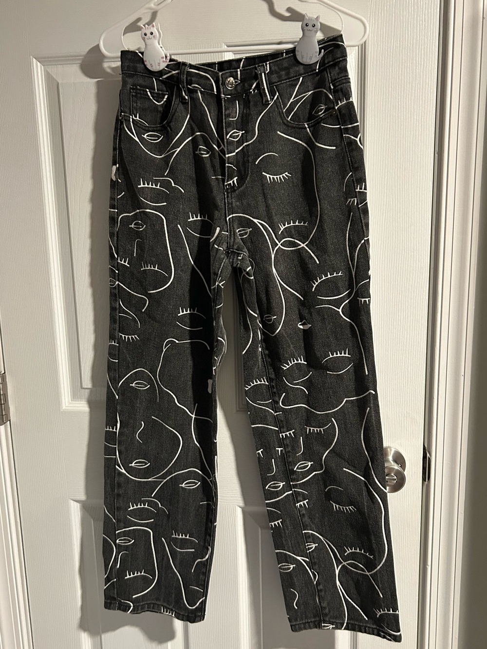 Black and White Face Outline Patterned Straight Leg Jeans